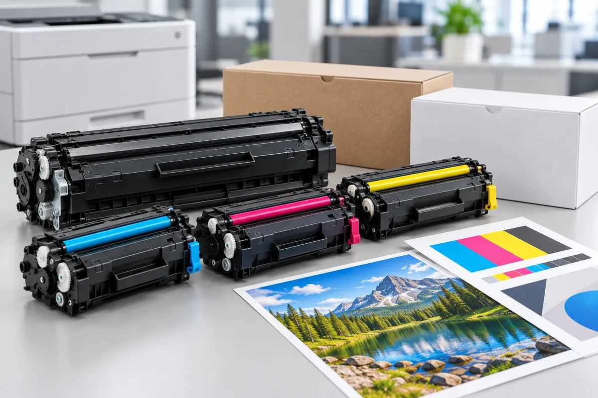 Cartuchos de toner compatíveis e originais ao lado de impressões coloridas na Nova Thorck